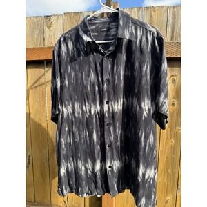 Y2K Alfani 100% Silk Charcoal Gray Black Tie Dye Short Sleeve Button Shirt Large
